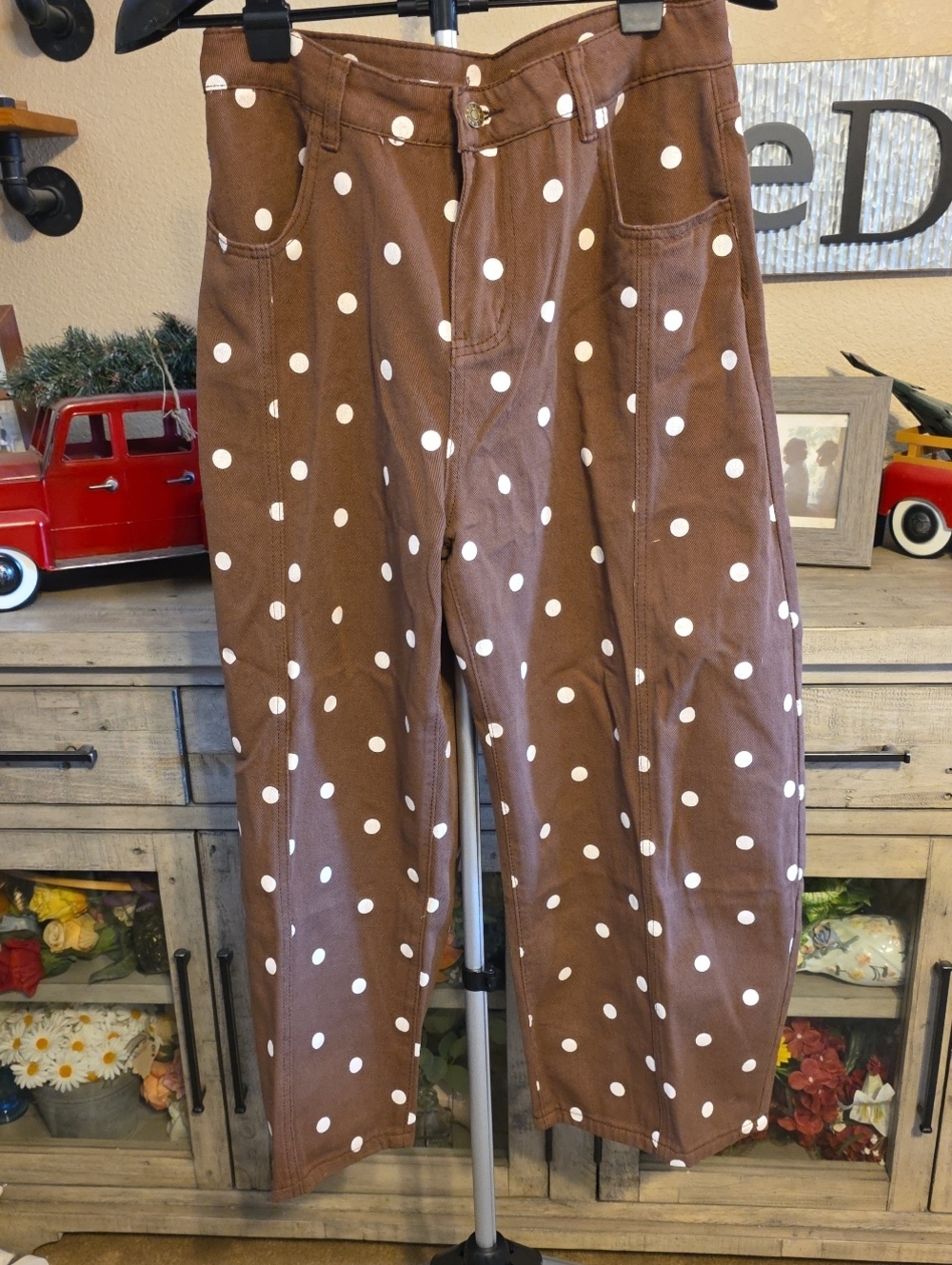 Brown Polka Dot Cropped Jeans ~  32 Waist